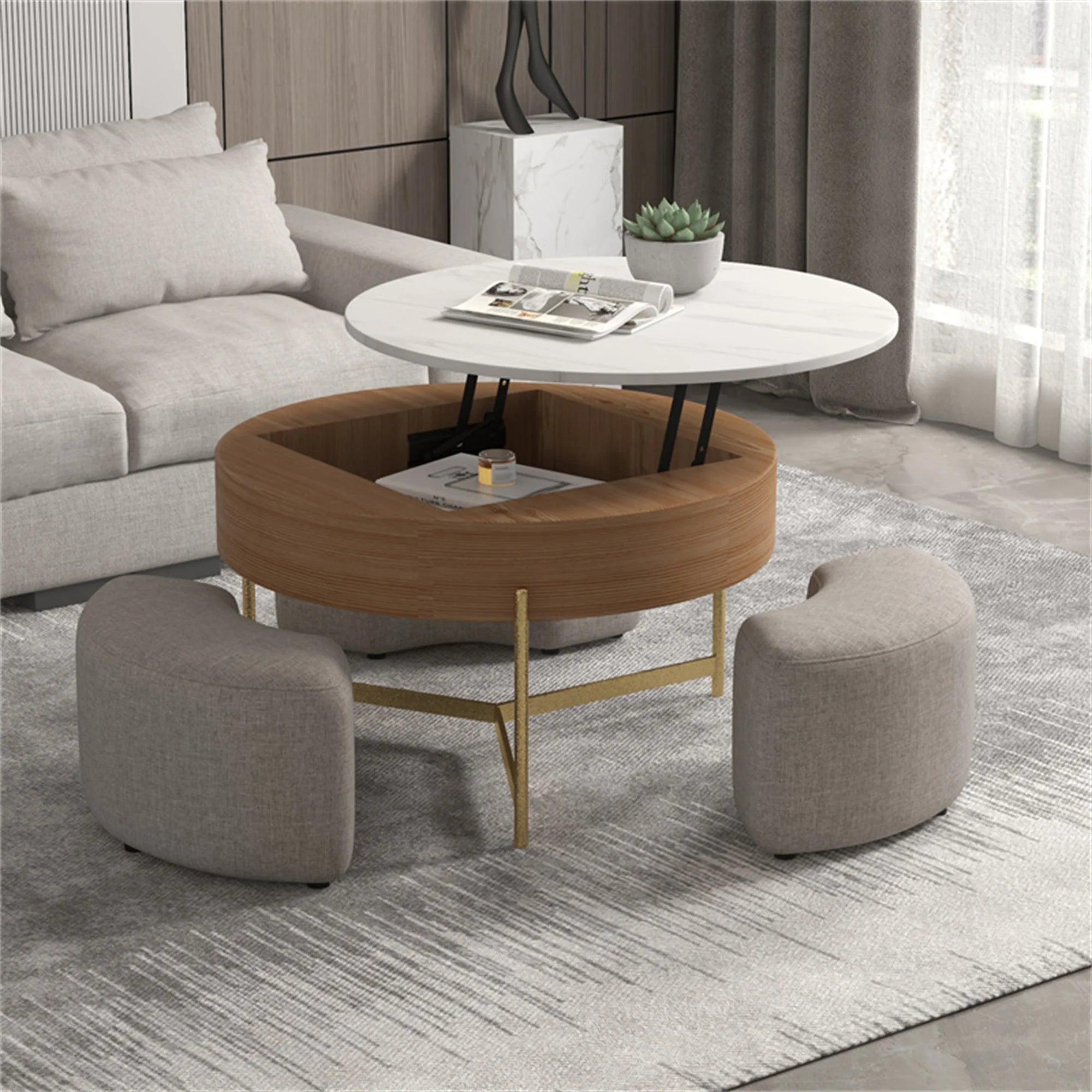 31.5" Round Marbling Pattern Slate Coffee Table with Storage 3 Stools Wood Rustic Boho Lift Top Coffee Table Set for Living Room
