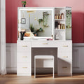 Vanity Desk with Lighted Mirror and Charging Station&Glass Tabletop, Sliding Mirror Makeup Vanity Table, Dressing Table