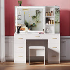 Vanity Desk with Lighted Mirror and Charging Station&Glass Tabletop, Sliding Mirror Makeup Vanity Table, Dressing Table