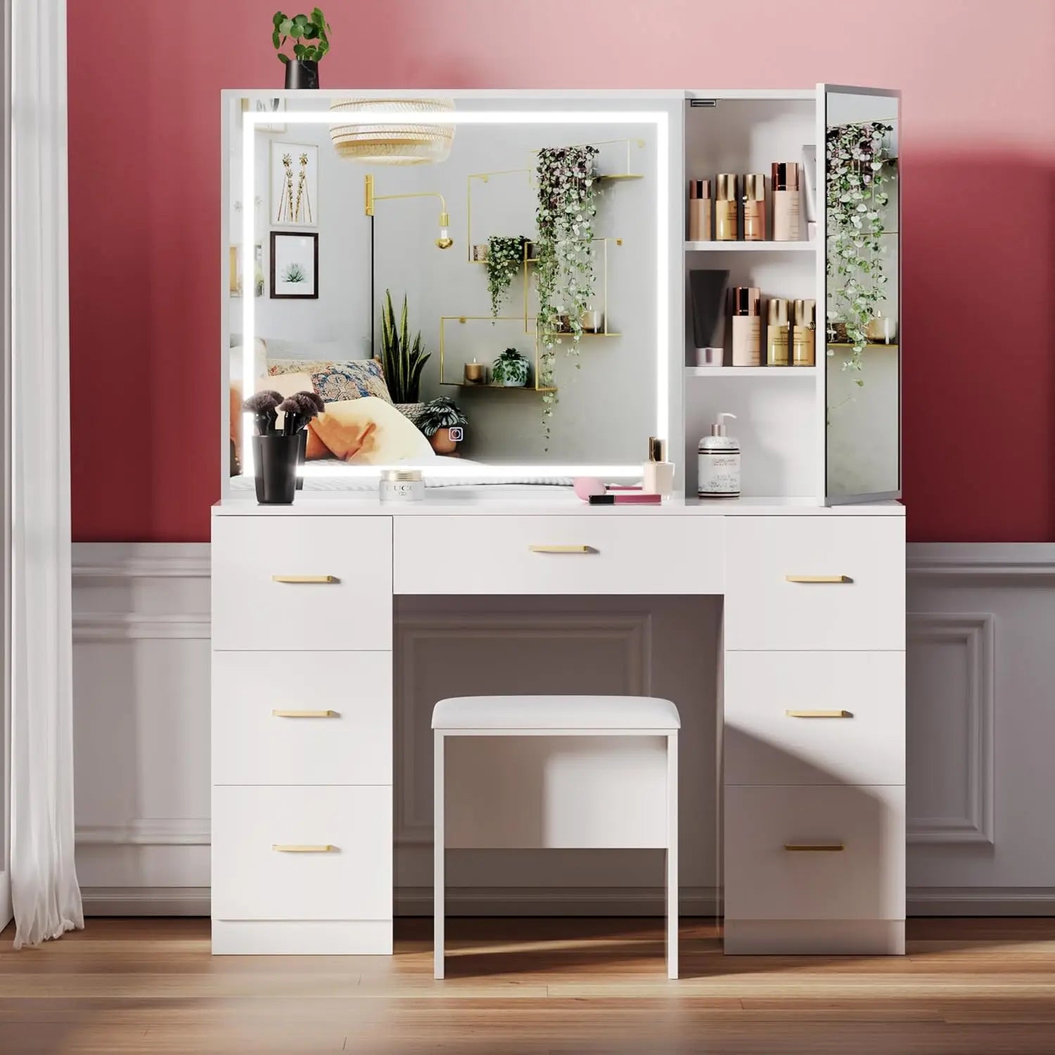 Vanity Desk with Lighted Mirror and Charging Station&Glass Tabletop, Sliding Mirror Makeup Vanity Table, Dressing Table