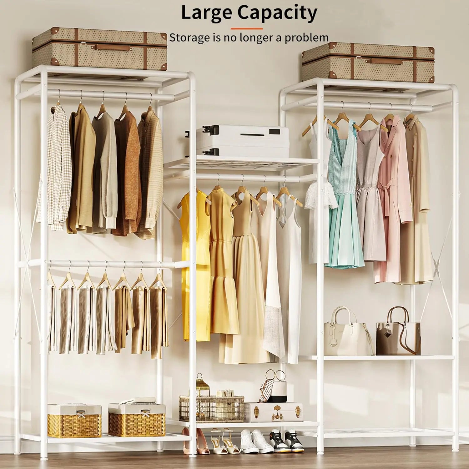 Joiscope Wardrobe Closet Organizer, Heavy Duty Clothes Rack, Closet System With 4 Closet Rods & 5 Closet Shelves, Adjustable