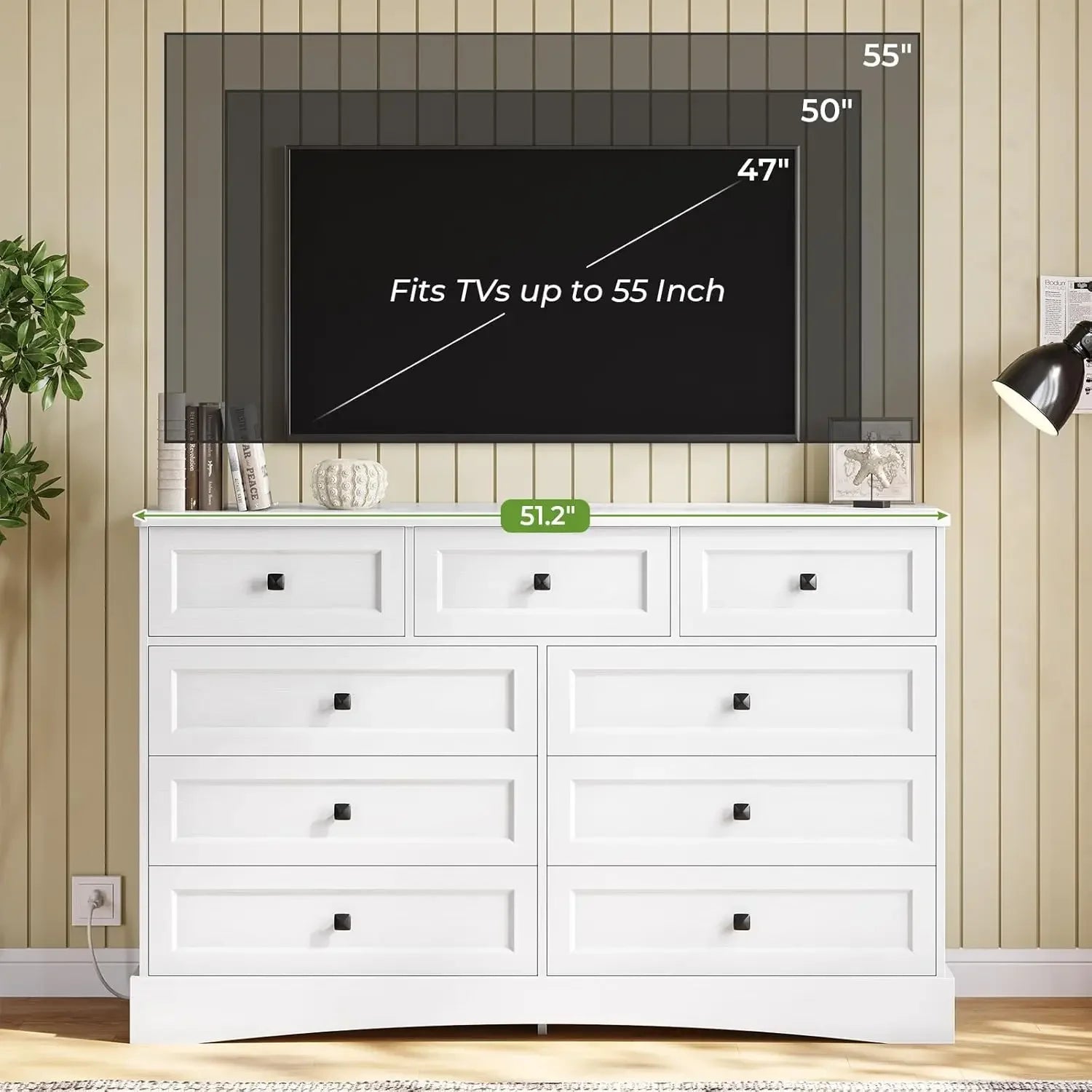 White Bedroom Dresser, 51.2" Large  Charging Station, Wide  , Wooden Tower Organizer Dresser for Bedroom, Living Room