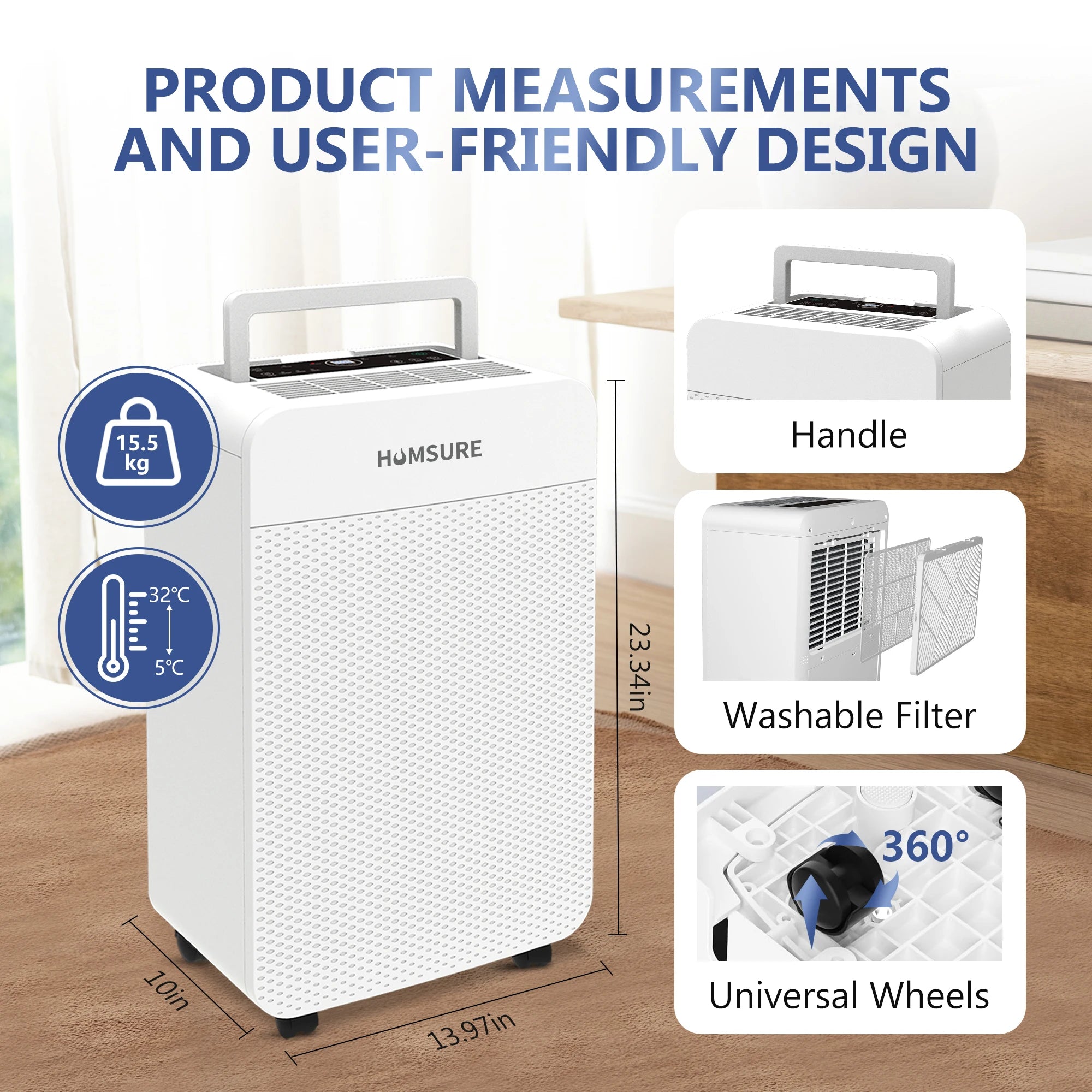 HUMSURE Electric Dehumidifier 25L/24H, Dehumidifier Basement Rooms wit