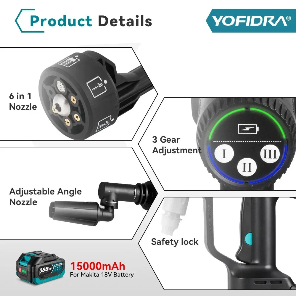 Yofidra 200Bar Brushless Electric Water Gun 3 Gears Cordless Rechargeable Car Garden Cleaning Tools For  18V Battery