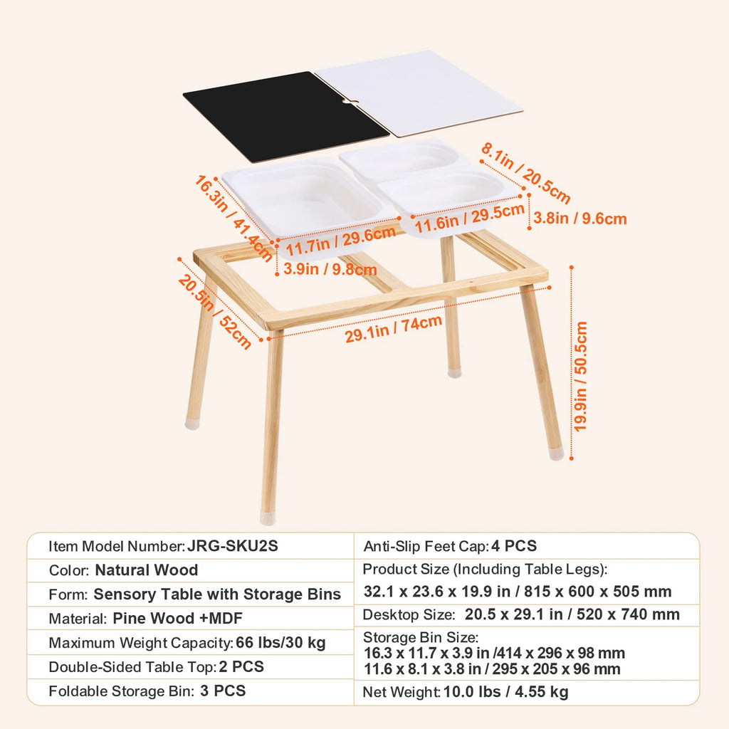 SucceBuy Wooden Sensory Table for Kids Activity with 3 Foldable Storage Bins & Double-Sided Board Indoor/Outdoor for Studying