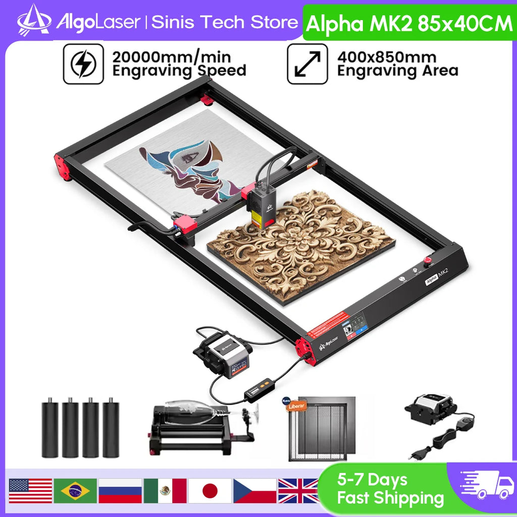 AlgoLaser Alpha MK2 22W 40X85CM Laser Engraving And Cutting Machine Cnc Desktop 20W Laser Engraver Rotary Roller Air Pump