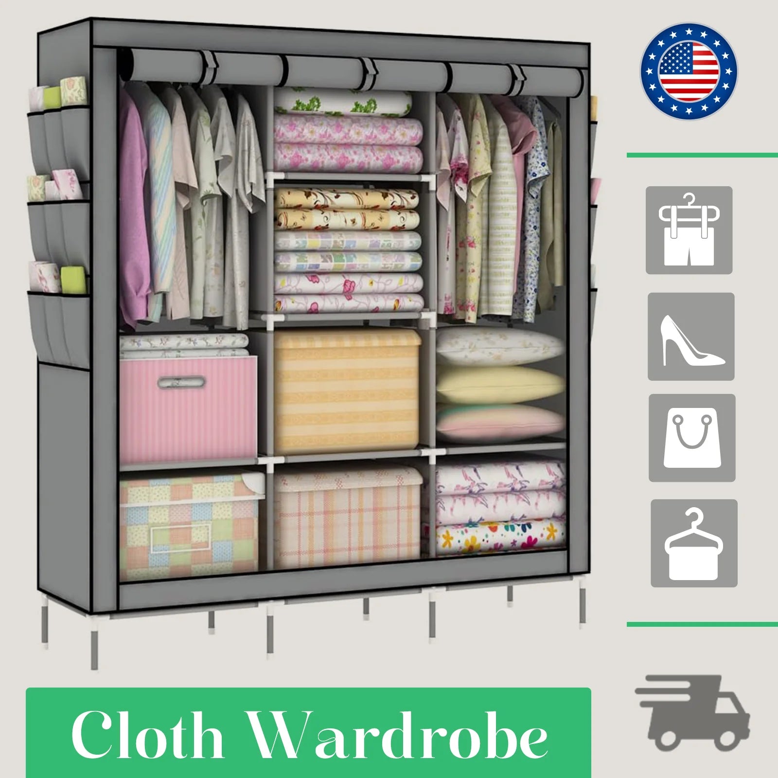 Closet Wardrobe Portable Organizer Storage Rack Clothes Shoe Clothing Shelf Dustproof Non-woven Fabric Quick and Easy to Assembl
