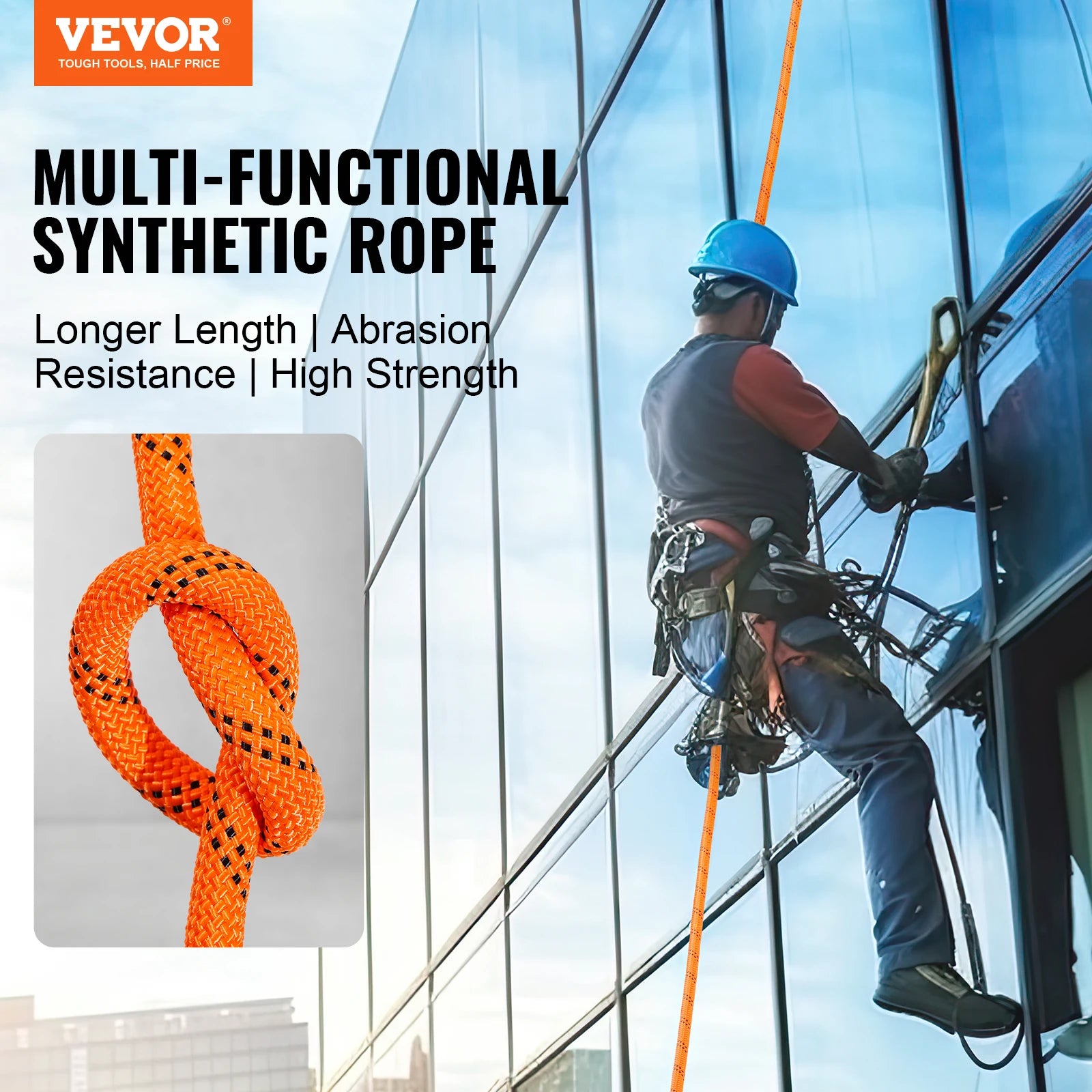 VEVOR 120ft Dual-Weave Polyester Cord 3/8 1/2 inch 48-Strand Multi-Use Rope for Arborist Activities Outdoor Adventures Versatile