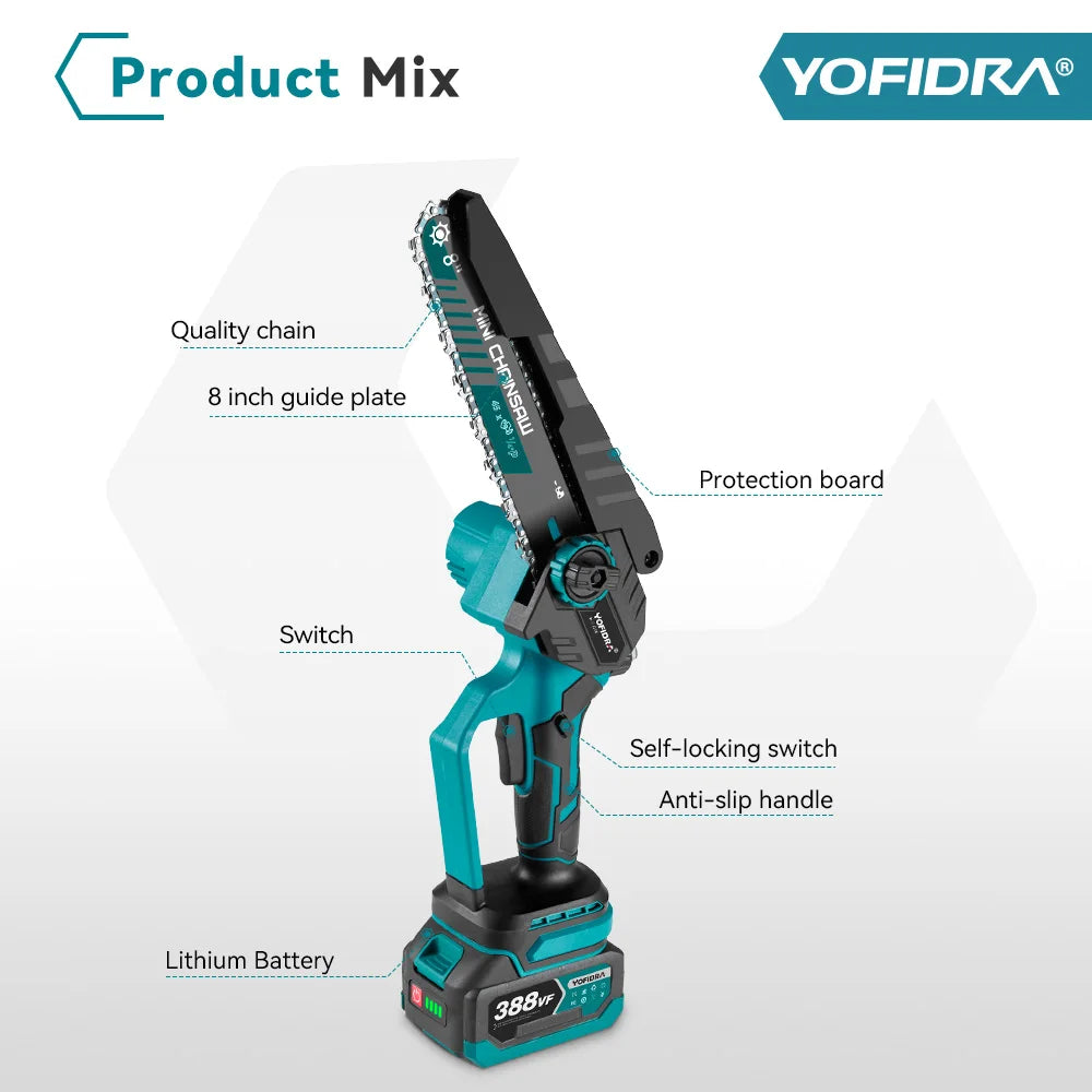 YOFIDRA Brushless 8 Inch Electric Chainsaw Cordless Rechargeable Woodworking Garden Pruning Saw Tool For Makita 18V Battery Pin