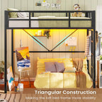 Twin Loft Bed with LED Lights, Metal Loft Bed Twin Size with Full-Length Guardrail Clothes Rack, Heavy Duty Metal Loft Bed Frame