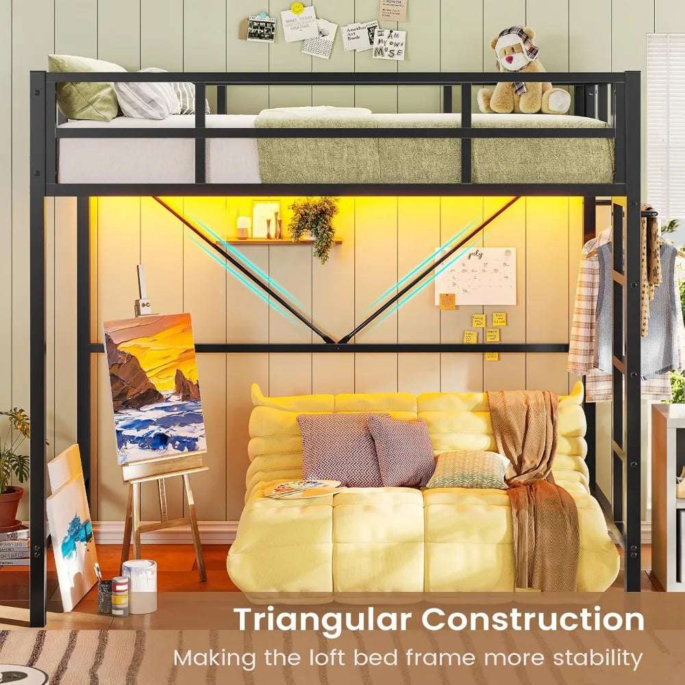 Twin Loft Bed with LED Lights, Metal Loft Bed Twin Size with Full-Length Guardrail Clothes Rack, Heavy Duty Metal Loft Bed Frame