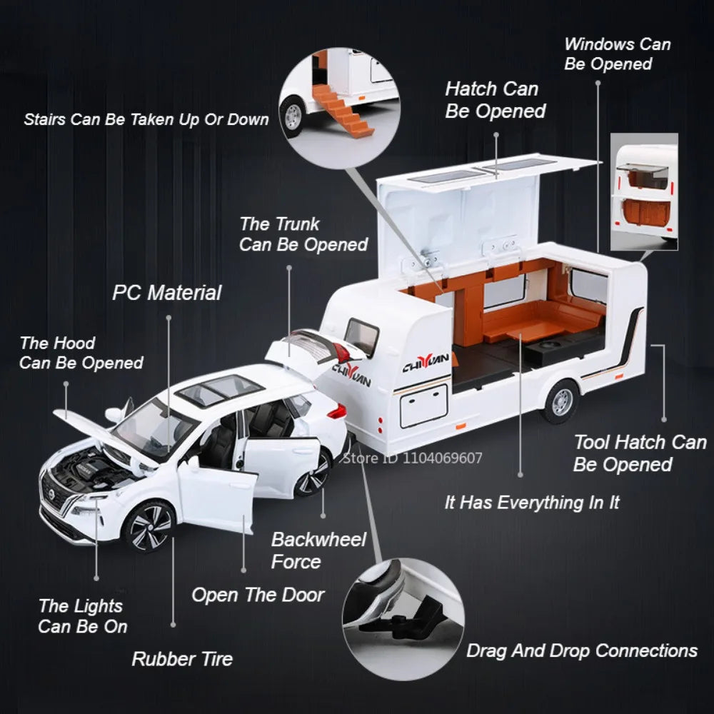 1:32 X-TRAIL Toy Model Cars Alloy Diecast Police Car Pull Back Doors Opened Sound Light Rubber Tires Camping RV Gifts for Boys