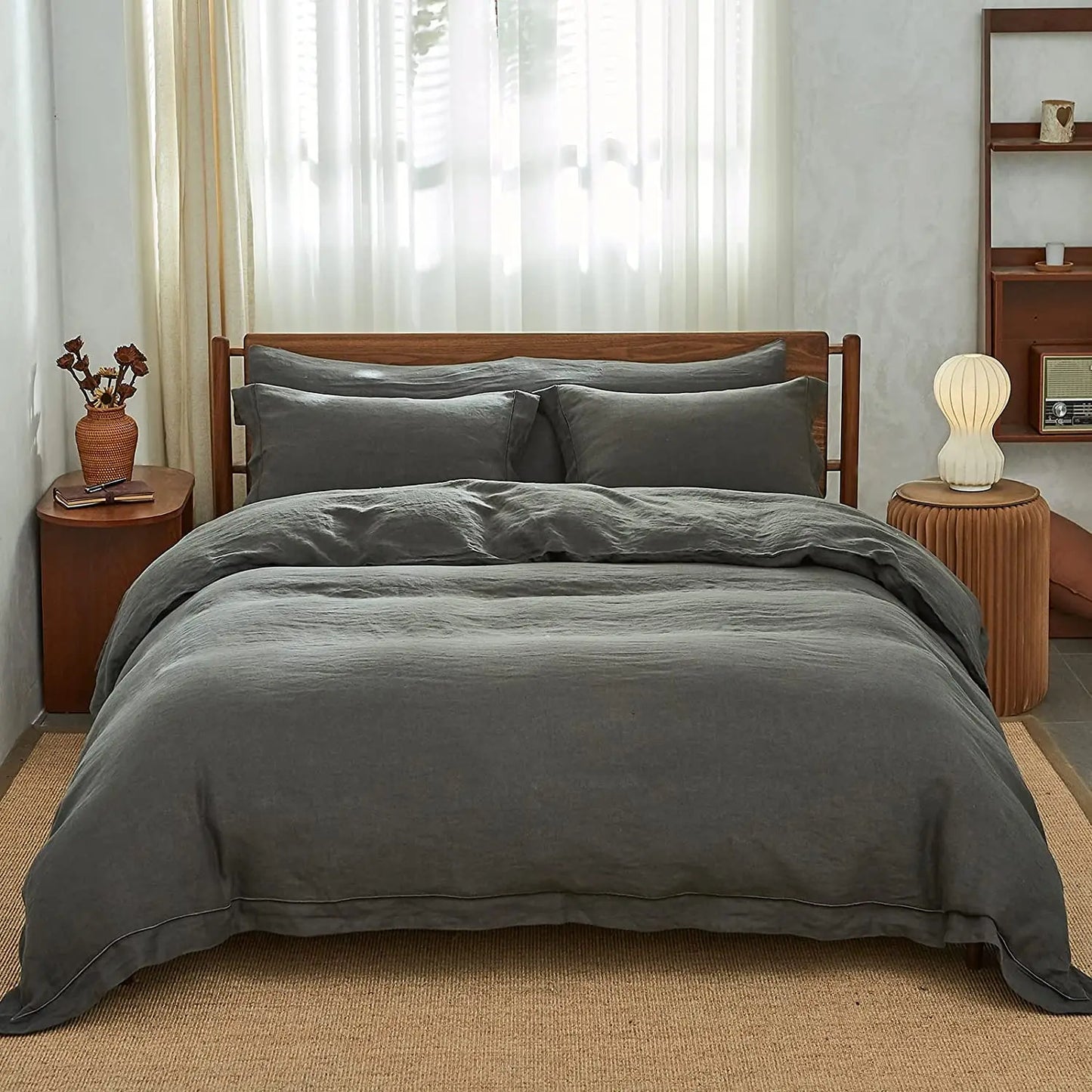Simple&Opulence 100% Linen Bedding Set 3Pcs Washed Comforter Boho Breathable Queen King Size Duvet Cover Bed Sheet Pillow Shams