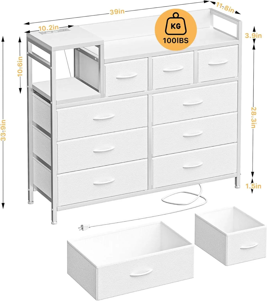 GAOMON Dresser TV Stand with Power Outlet, Bedroom Dresser with 9 Drawers, Chest of Drawers for Living Room, Hallway(White)