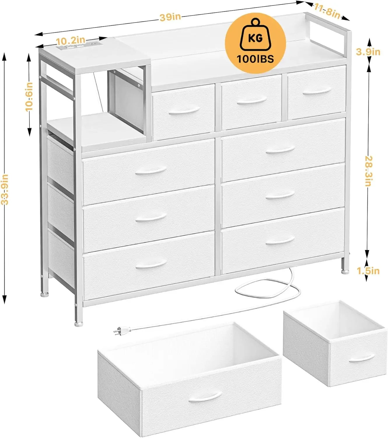 GAOMON Dresser TV Stand with Power Outlet, Bedroom Dresser with 9 Drawers, Chest of Drawers for Living Room, Hallway(White)