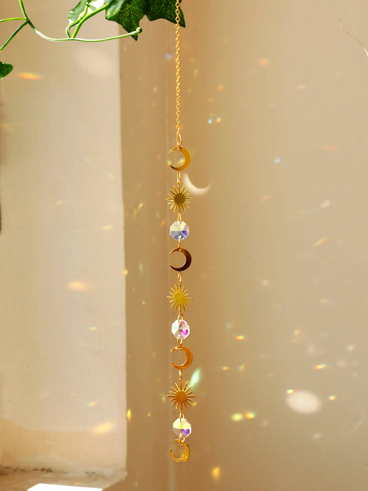 Sun Moon Crystal Suncatcher Rainbow Maker Stained Glass Beaded Sun Catcher Window Hanging Ornament Wind Chimes Yard Garden Decor