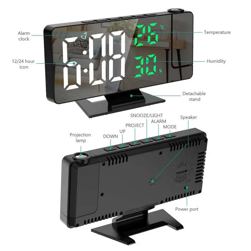 multi-functional projection alarm clock Intelligent luminous large screen Mirror Digital clock 180 Rotatable Projector for home