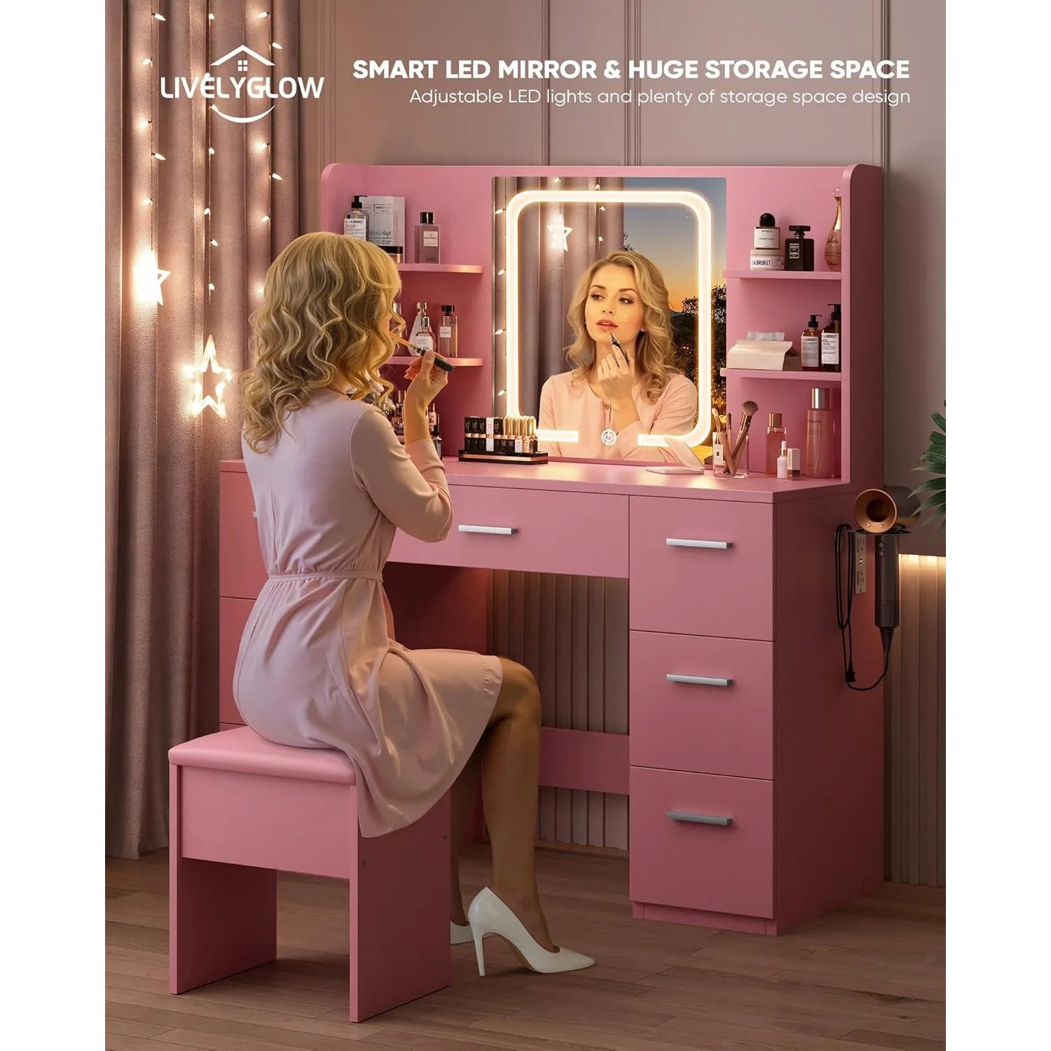 Large Makeup Vanity Desk. Pink, 43.3'Wx15.7'Dx53.2'H (Samrt LED Mirror, 4 Open Shelves, 7 Drawers, Hairdryer Rack, Power-Outet)