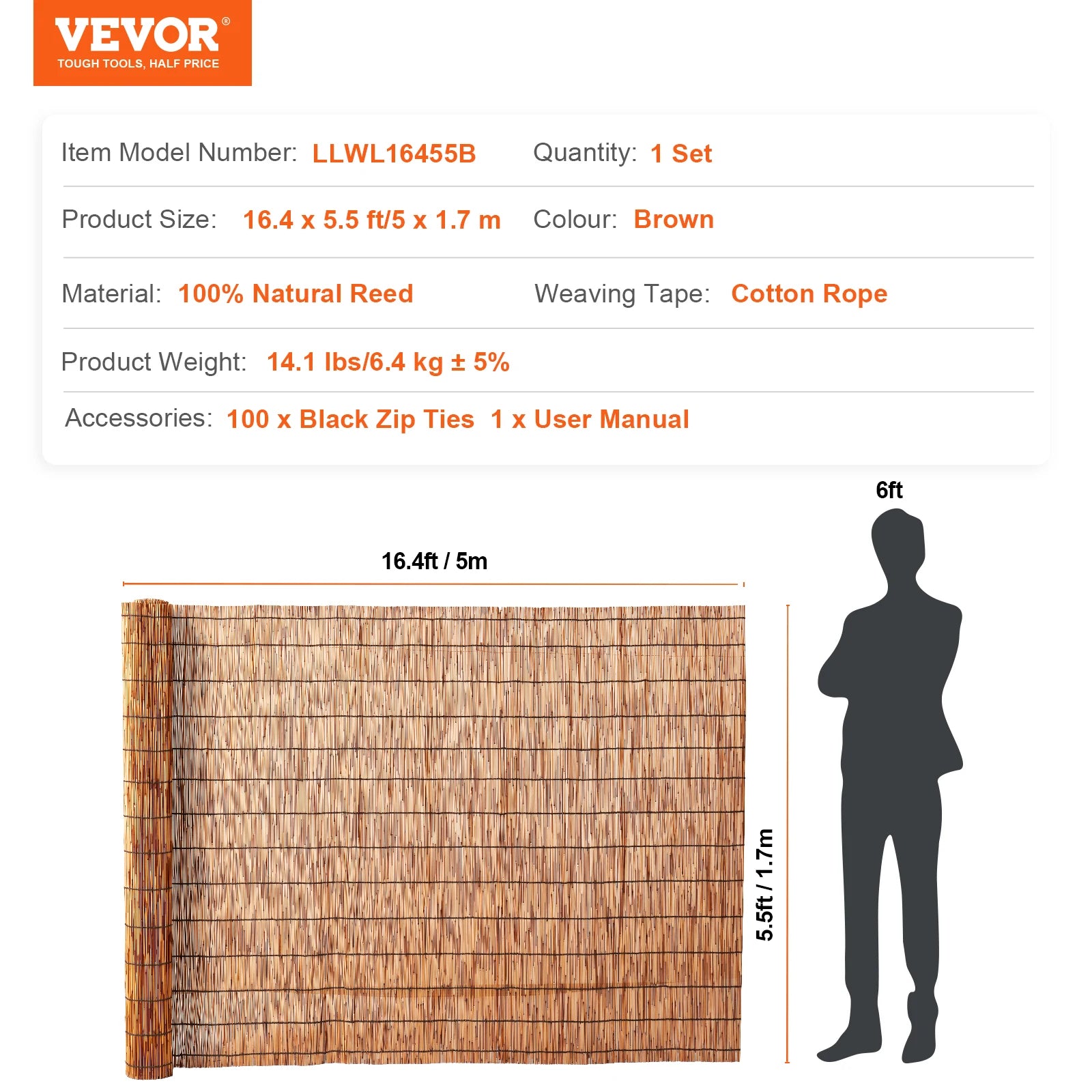 VEVOR Natural Reed Fencing 5.5 ft x 16.4 ft Balcony Reed Fence Roll for Outdoor Backyard Patio Backyard Garden Fencing Divider