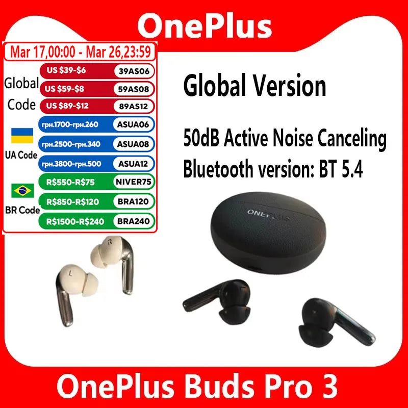 Global Version Oneplus Buds Pro 3 TWS Bluetooth Earphone 50dB Active Noise Canceling 43h Battery Life Bluetooth 5.4 IP55 AAC SBC