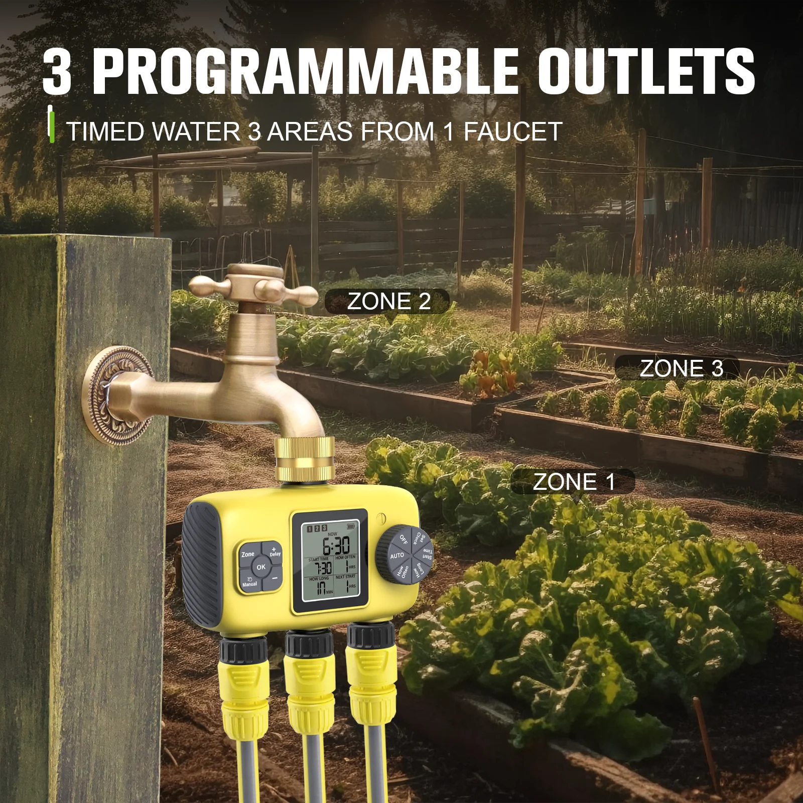 Insoma 3-Outlet Automatic Water Timer Garden Irrigation Watering System Independent Control Sprinkler Programmer Tools