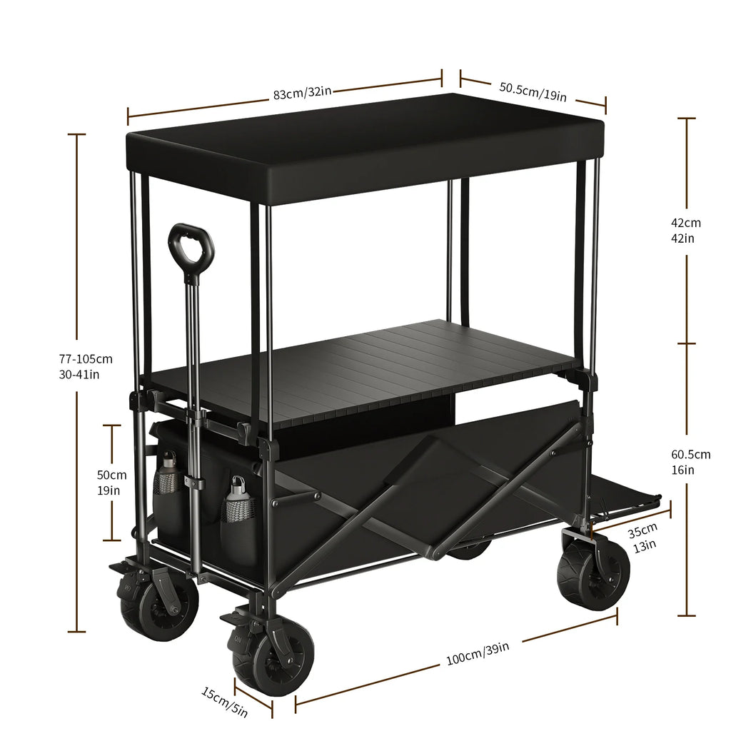 Outdoor Camping Cart Rotating Wheels Portable Table Board Miscellaneous Cart Grocery Beach Cart Double-Layer Fold Shopping Cart