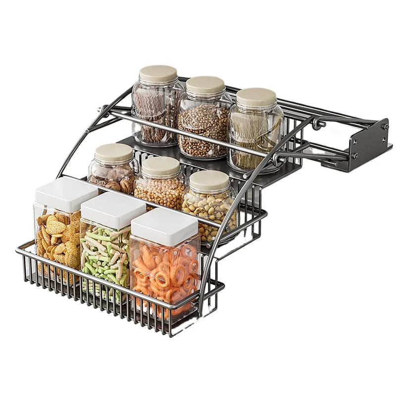 Kitchen Storage Rack Pull-Down Hanging Basket Under-Cabinet Spice Drawer Overhead Telescoping Seasoning Shelf for Small Kitchens