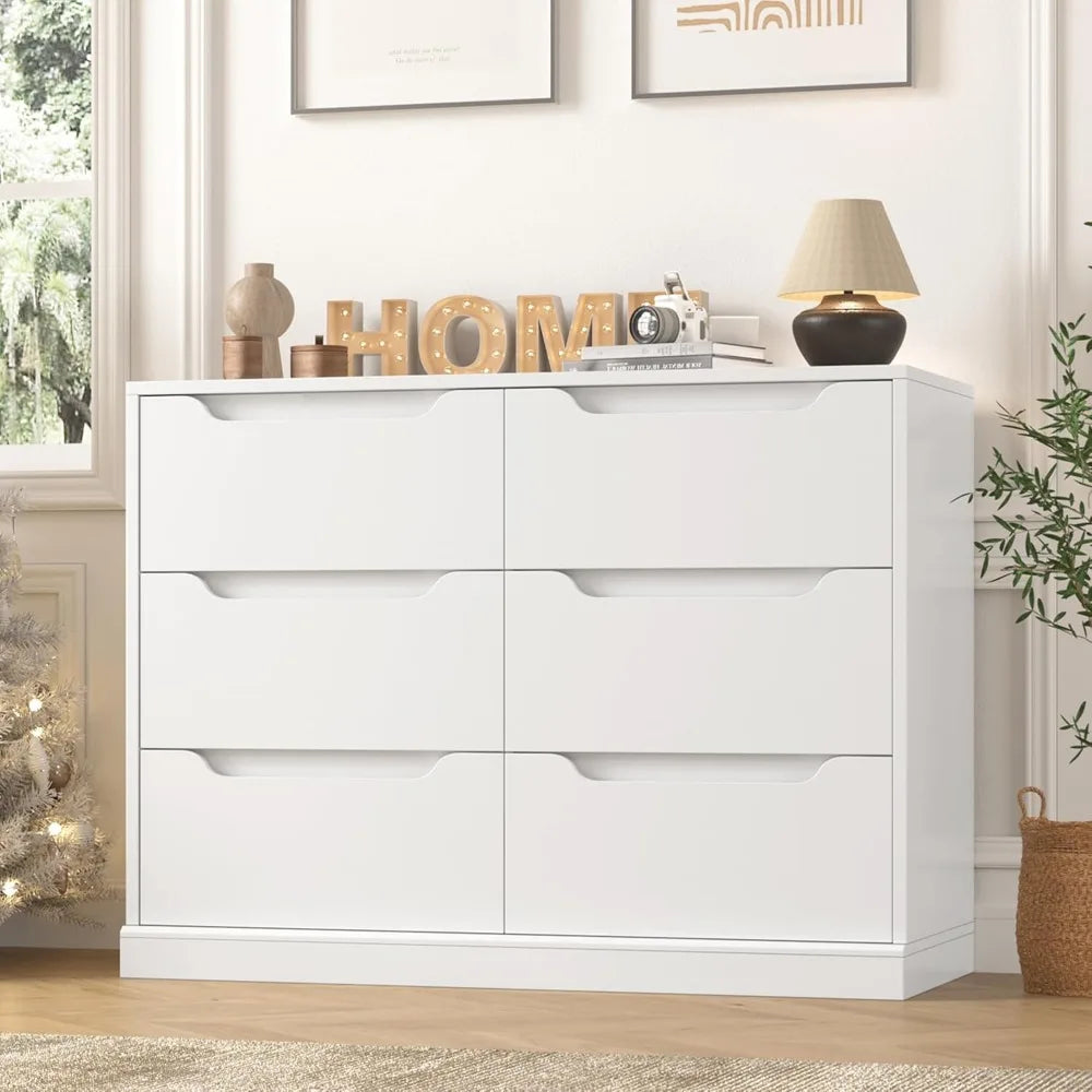 Modern 6 Drawer Dresser for Bedroom, Double Chest of Drawers with Storage, Large Wooden Storage Dresser Organizer with Cut-Out