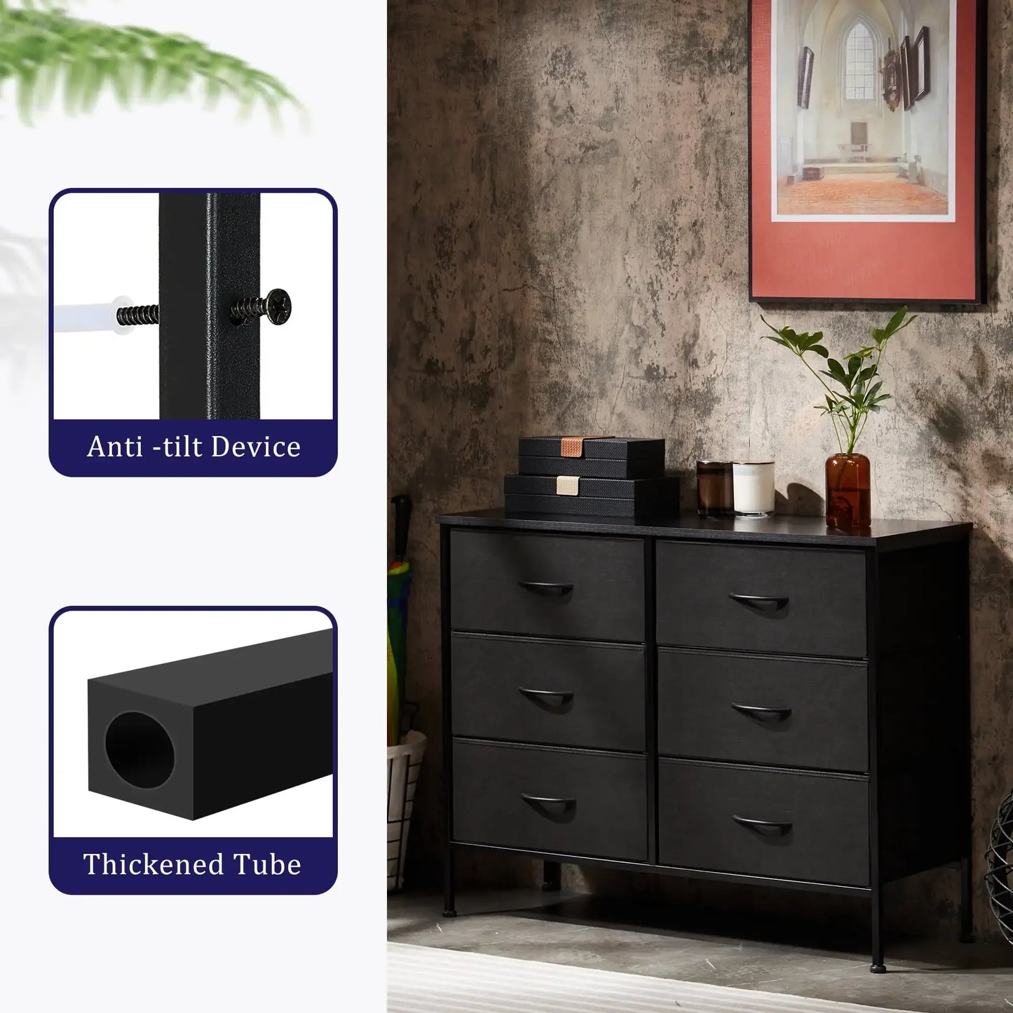 6 Drawer Dresser, Wide Chest Of Drawers Nightstand Storage Tower Storage Dresser Fabric Dresser With Wood Top for Living Room