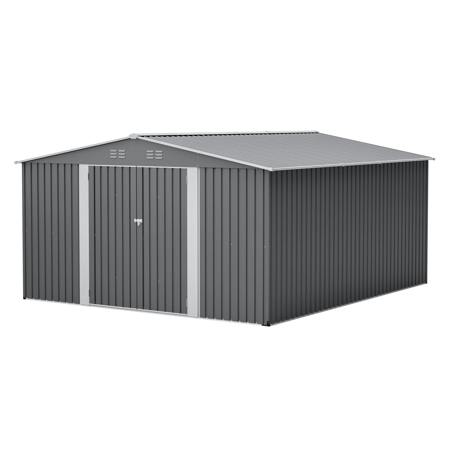 12x14FT Metal Outdoor Storage Shed, Lockable Double Doors, Waterproof Garden Tool House, Light Gray