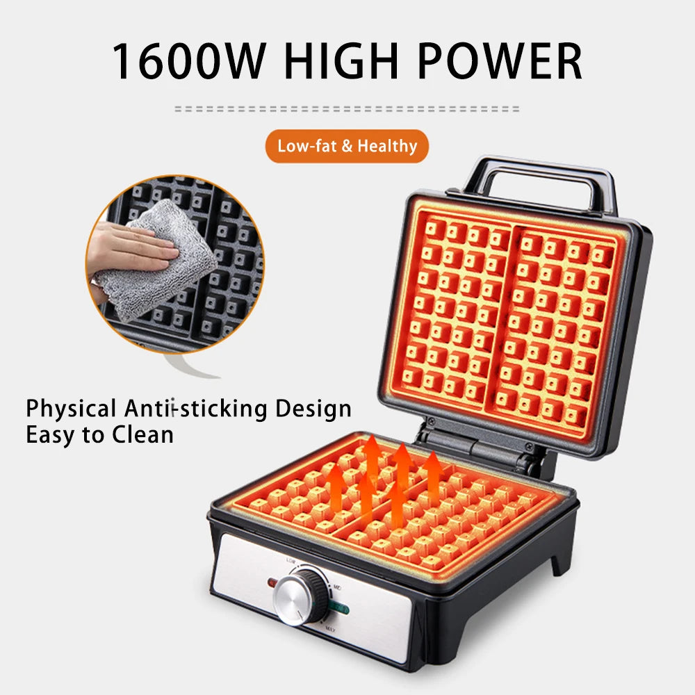 Waffles Maker 2 Slices Adjustable Temperature Electric Breakfast Belgian Waffle Machine Non-Stick Egg Cake Iron Plates 1600W