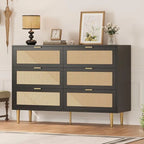 Rattan 5 Drawer Dresser, 44'' Tall Narrow Chest of Drawer, Farmhouse Wooden Vertical Dresser with Metal Legs and Hand