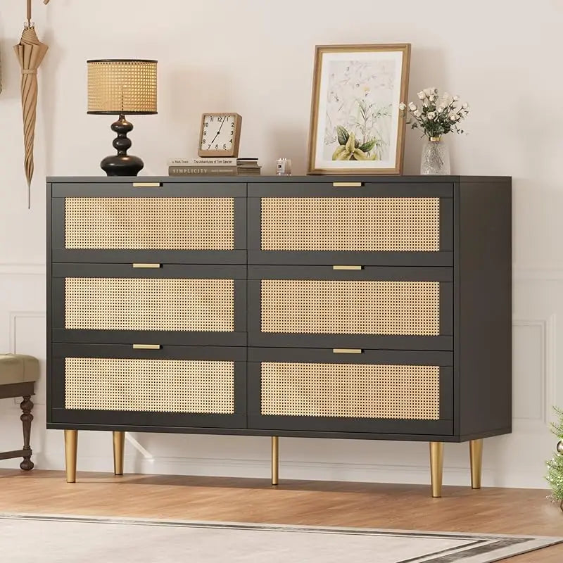 Rattan 5 Drawer Dresser, 44'' Tall Narrow Chest of Drawer, Farmhouse Wooden Vertical Dresser with Metal Legs and Hand
