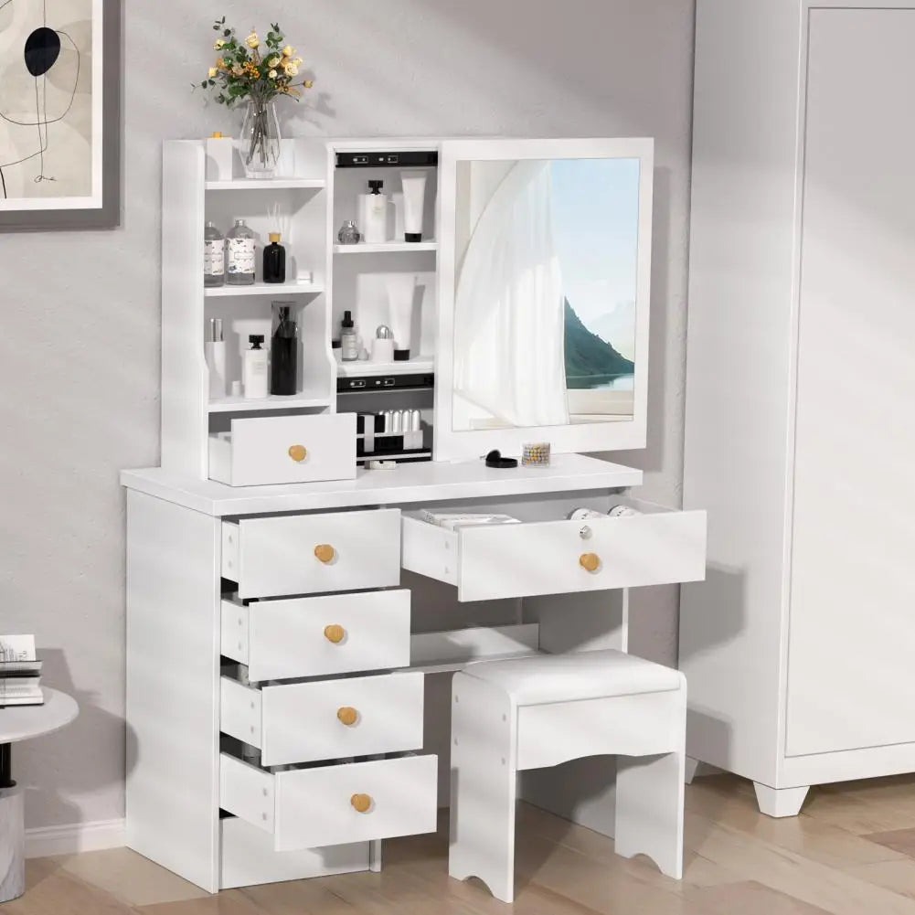 Vanity Desk with Sliding Mirror, Bedroom Dressing Table, Makeup Desk with 6 Drawers, Open Shelves, Hidden Storage Space