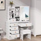 Vanity Desk with Sliding Mirror, Bedroom Dressing Table, Makeup Desk with 6 Drawers, Open Shelves, Hidden Storage Space
