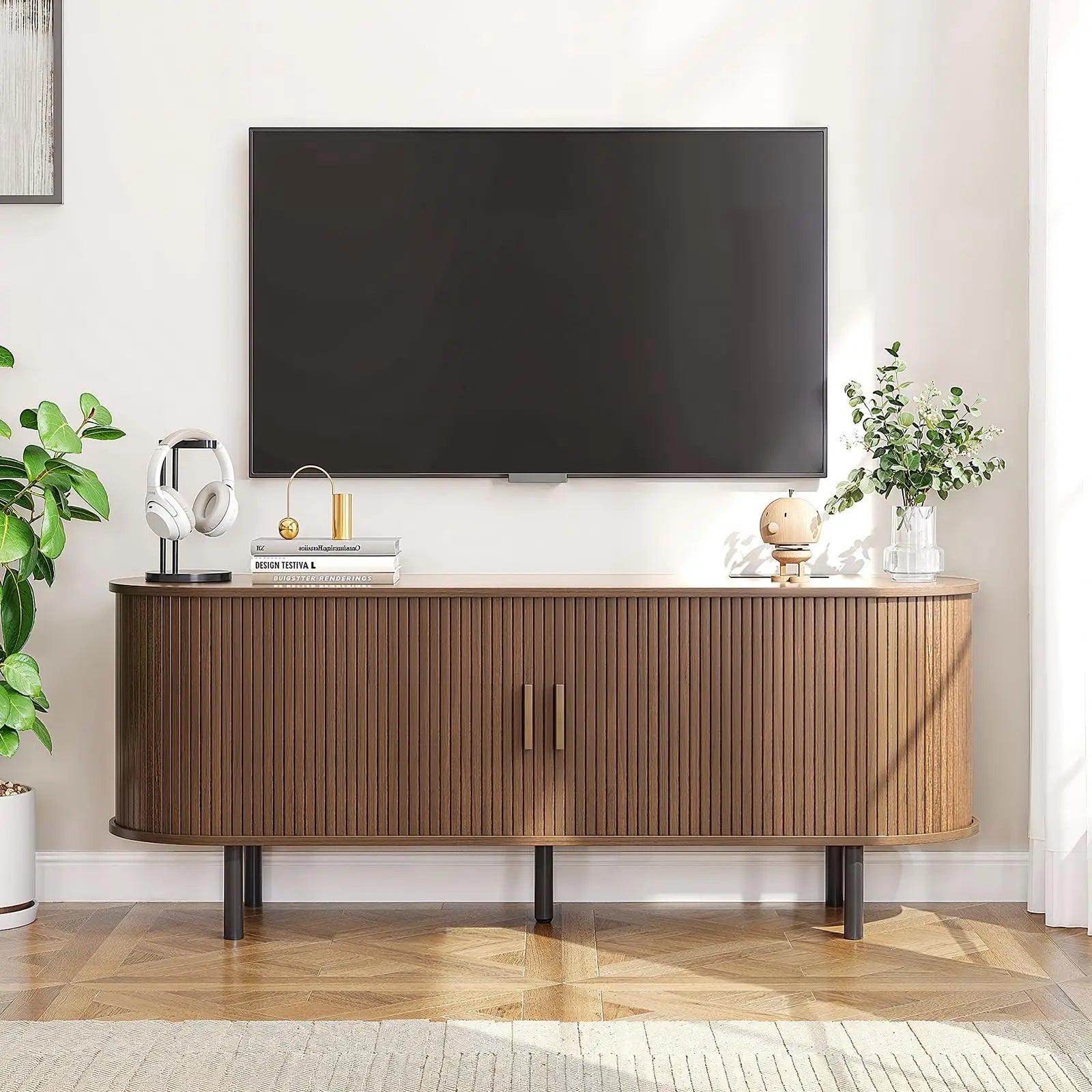 TV Stand with Power Outlet & Sliding Doors