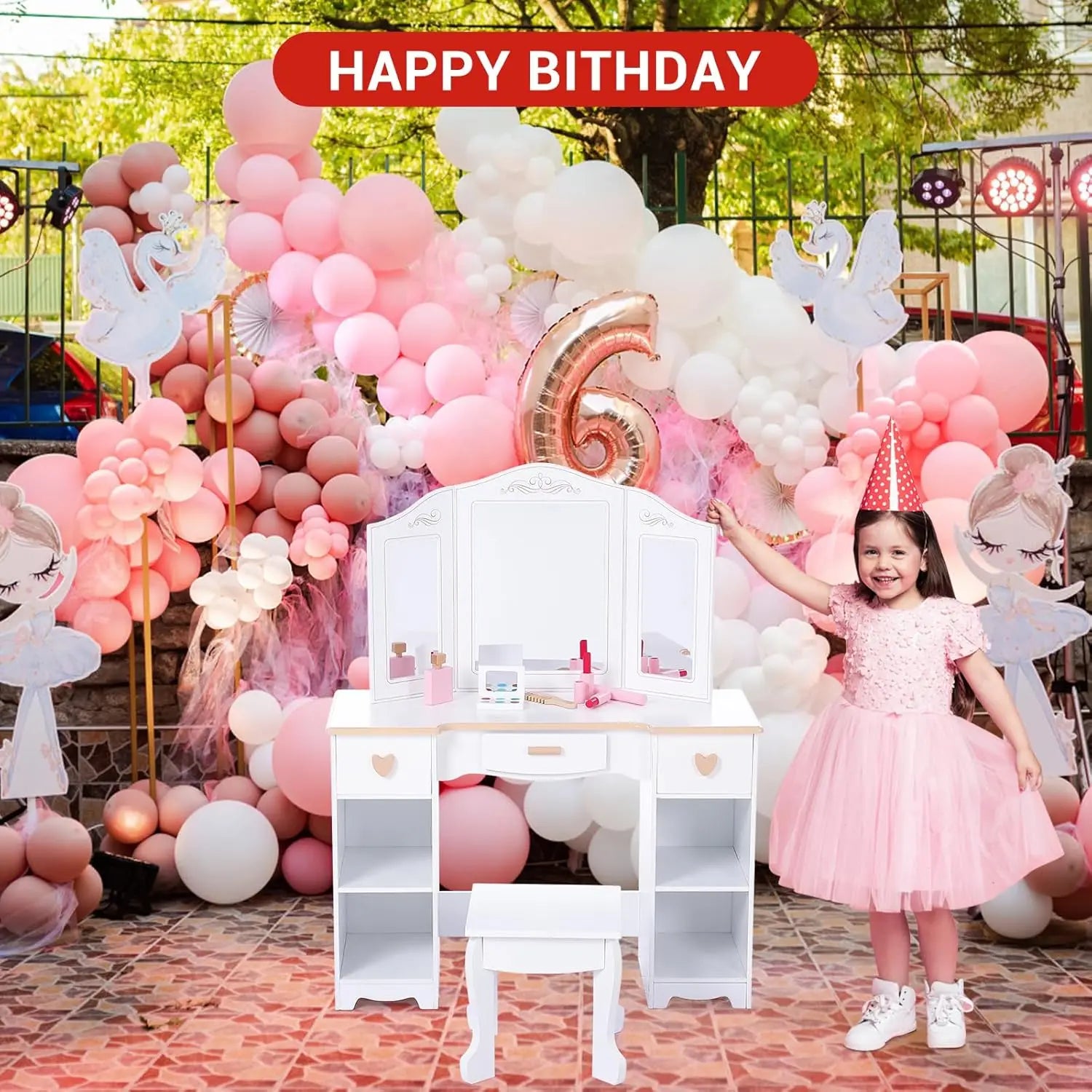 Princess Vanity Set for Kids White Makeup Table with Mirror Stool and Wooden Play Makeup Accessories