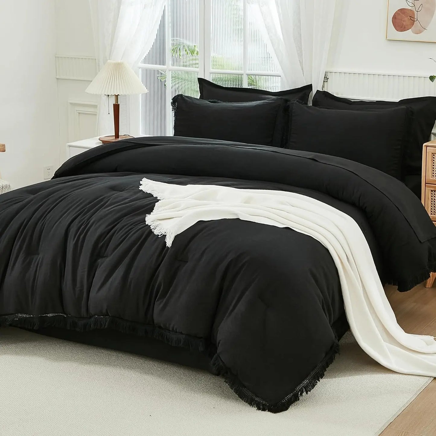 Comforter Set King Size, with Sheets 7 Pieces Boho Tassel Bed in a Bag Soft Lightweight Bedding Sets, All Season Fringe Bed Set
