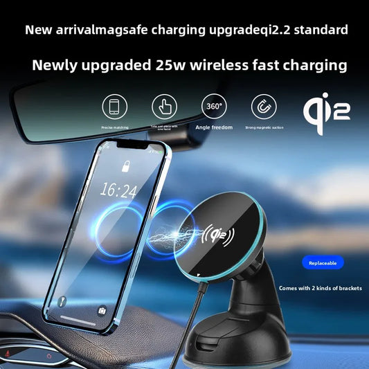 MagSafe Car Charger Qi2.2 25W Fast Wireless Charging for iPhone Samsung Xiaomi Vent Clip Mount Tempered Glass Anti-Slip Holder