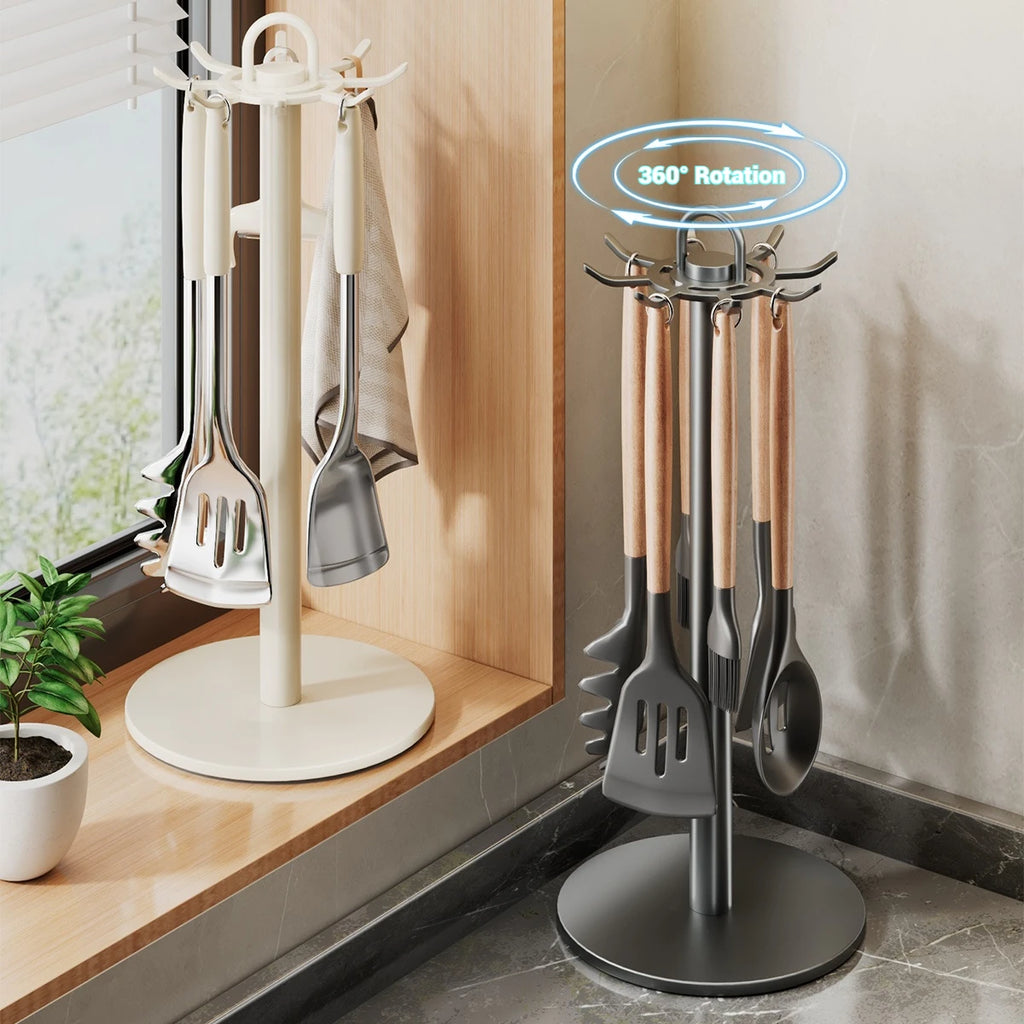 Kitchen Utensil Stand: Rotating Storage Hanger with 8 Hooks, for Countertop Organization Rotatable Cooking Utensils Holder