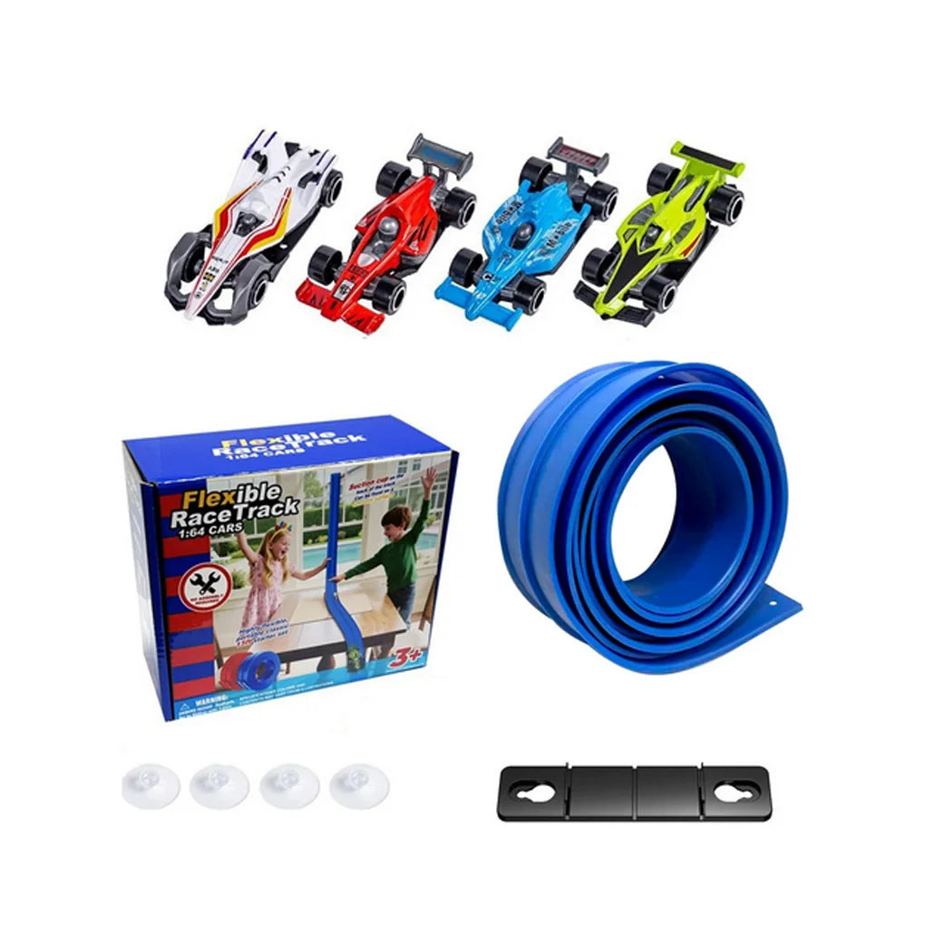 Double-track Race Children Toys DIY Track Racing Car Ramp Compatible 1/64th Cars Portable Rolls Up With suction cup track