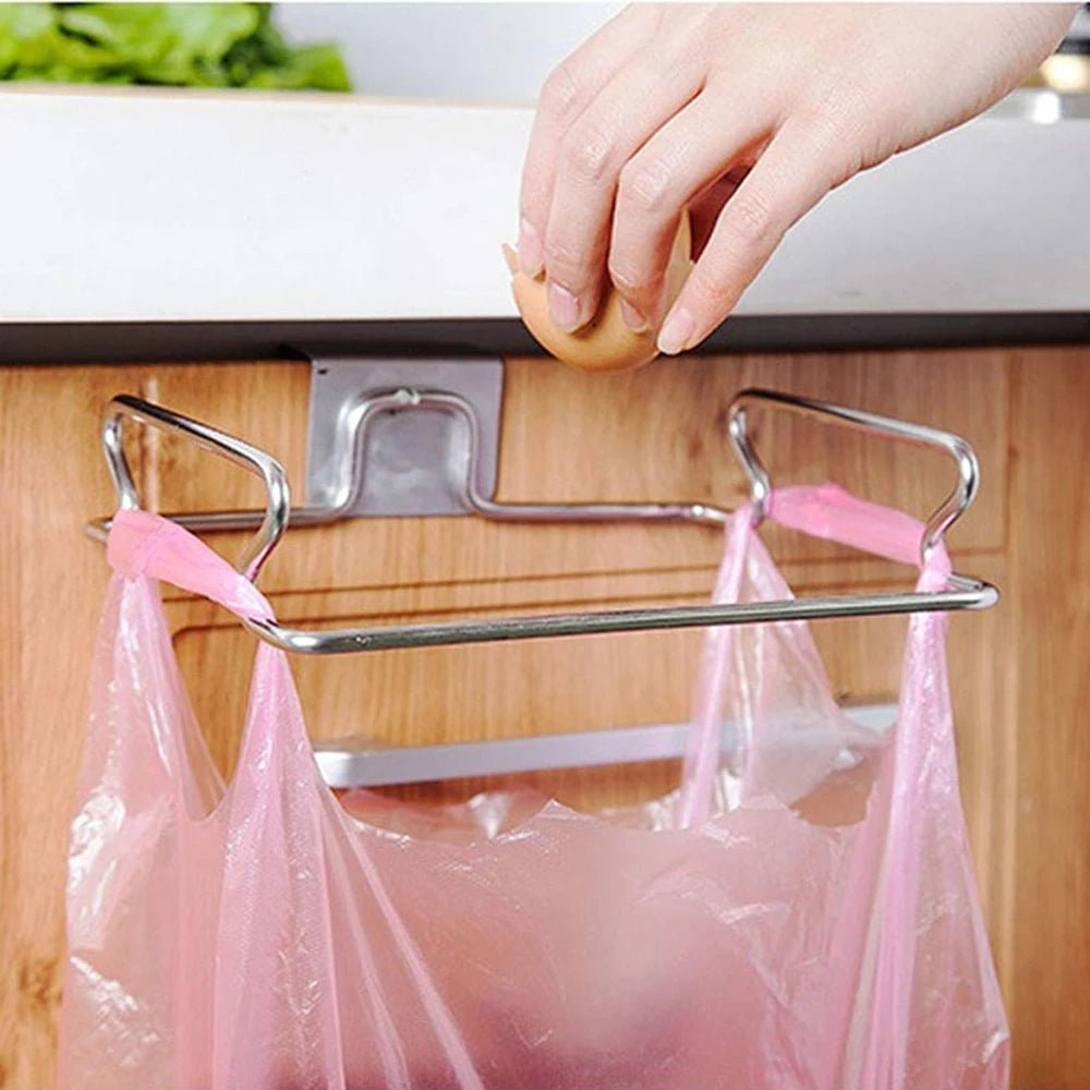 Stainless Steel Kitchen Garbage Bag Holder Hanging Cabinet Door Trash Rack Space-Saving Kitchen Gadget