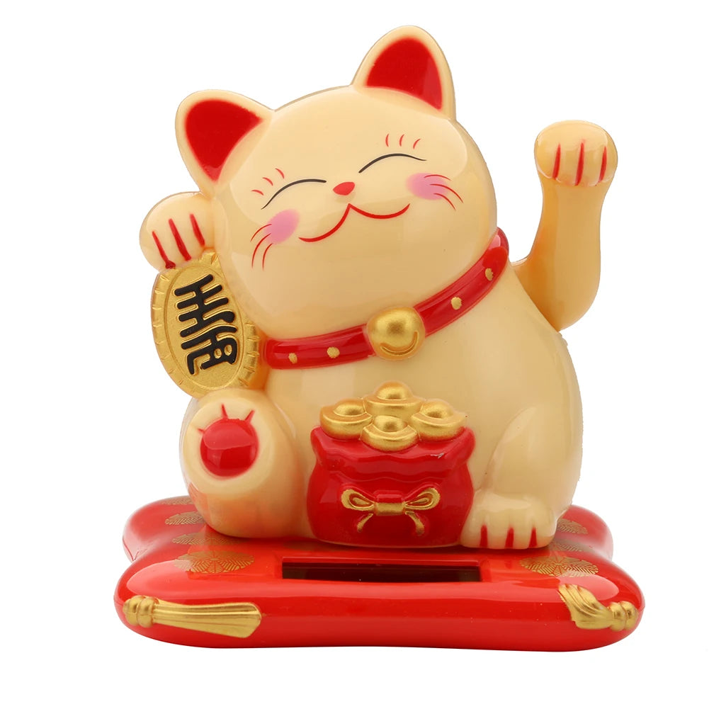 Lucky Cat Wealth Waving Figurines 2.5 inch Solar Powered Cute Cat Crafts Statue for Home/Office/Car Windshield Decor Accessories