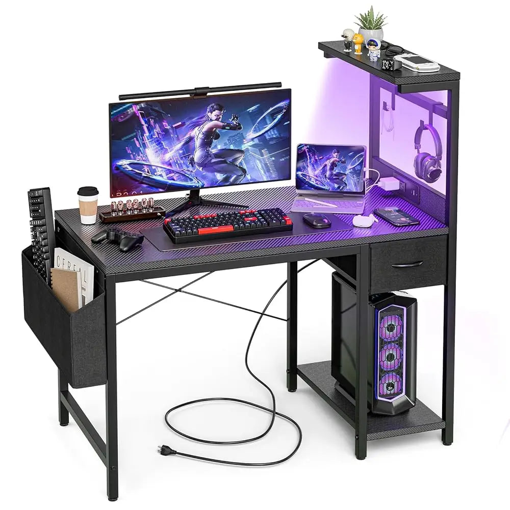 Gaming Desk 40 H With Power Outlet And Led Light, Computer Desk With Reversible Shelves And Storage Drawer, Pc Small Desk For