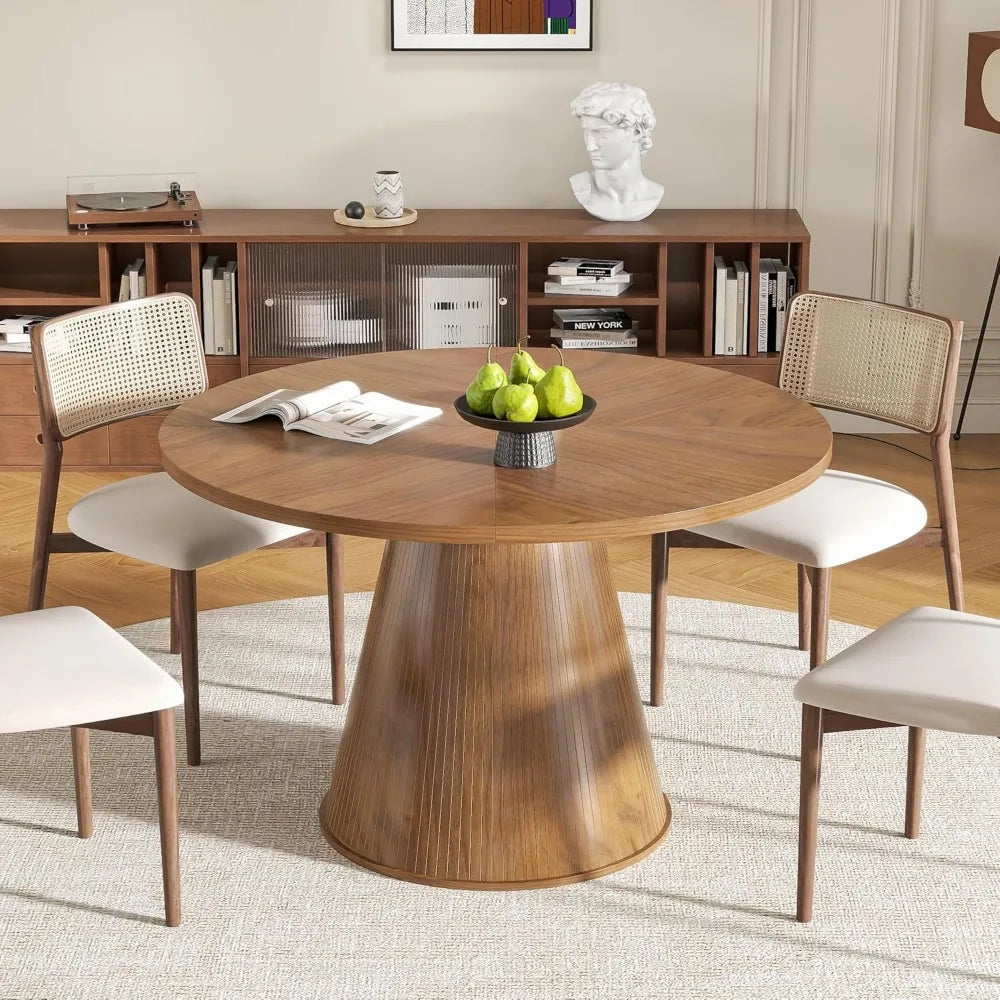 Round Dining Table for 4, Farmhouse Fluted Dining Kitchen Table, 47 Inch Modern Wood Small Circle Dining Table for Kitchen