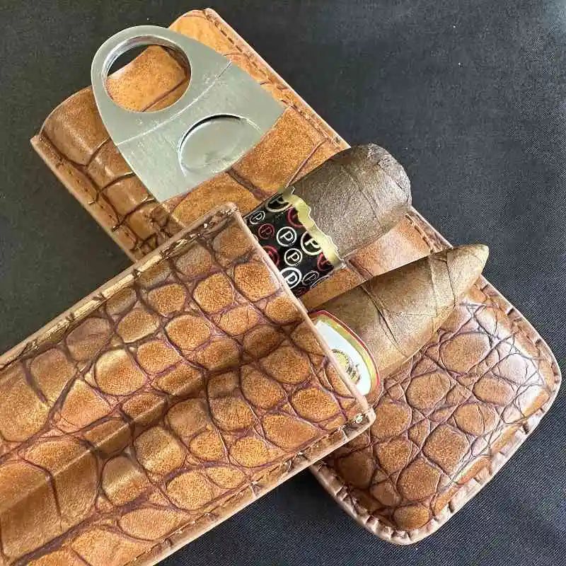 Cigar Tube 2 Slots Case with Cigar Cutter Travel  portable Cigar Accessories Leather Humidor 917