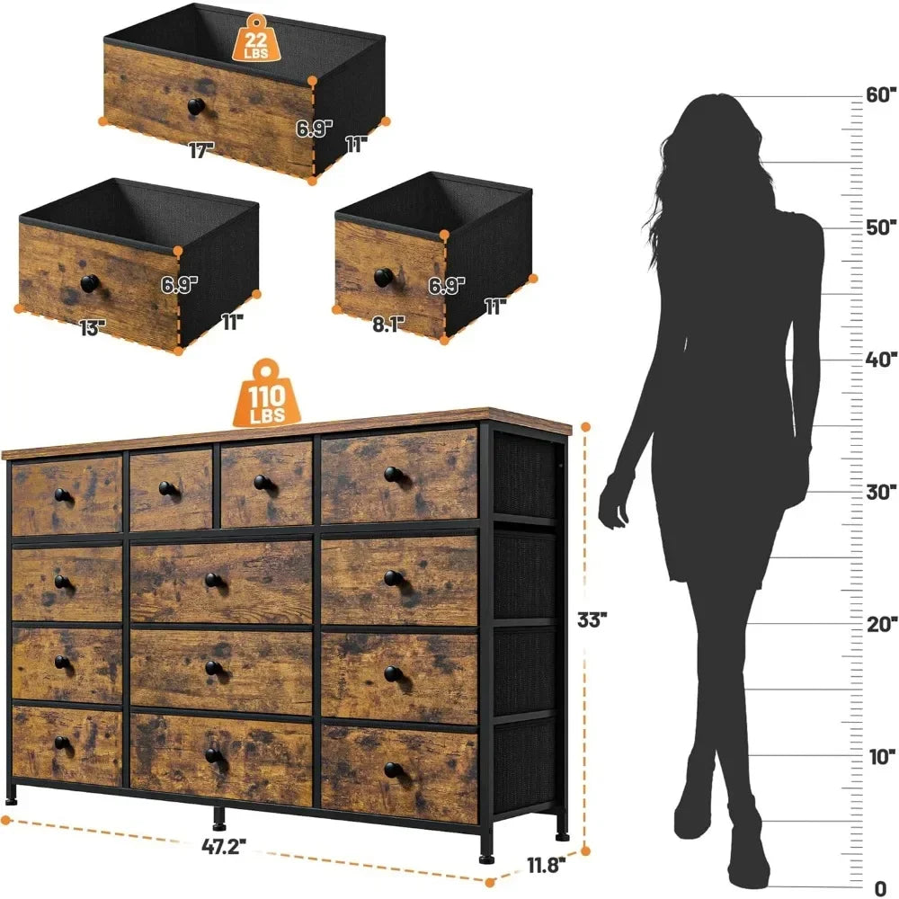 Dresser for Bedroom with 13 Drawers Dresser Bedroom Long Dressers & Chest of Drawers Large Storage Fabric Dresser