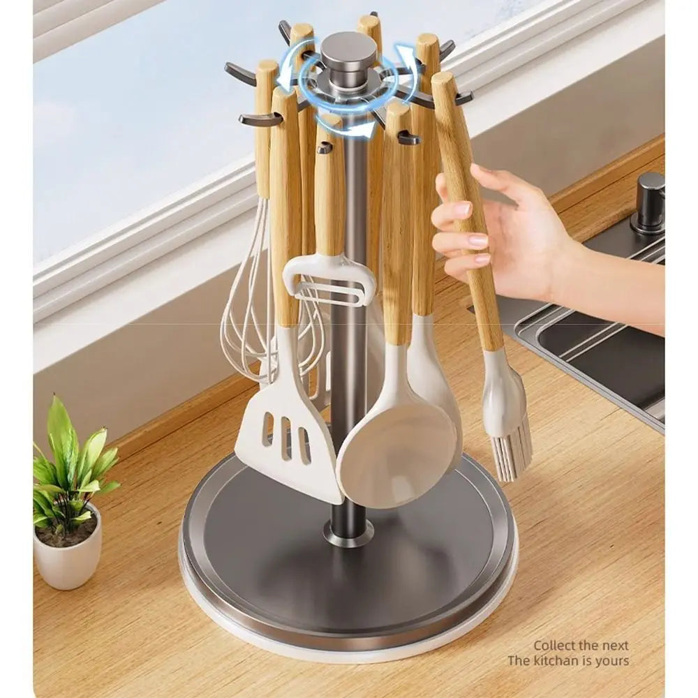 8 Hooks Kitchen Utensils Stand 360 Degree Rotating with Water Tray Flatware Storage Rack Non-slip Rust-proof