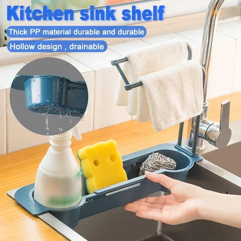 Adjustable Bathroom and Kitchen Tool: Sink Rack, Organizer, Drainer, Storage Basket, Faucet Holder, Telescopic
