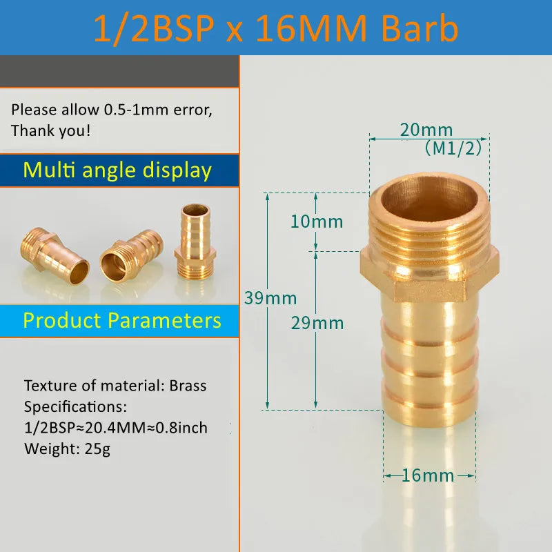 Brass Pipe Fitting 6/8/10/12/14/16mm Hose Barb Tail 1/8" 3/8" 1/4" BSP Male Connector Joint Copper Coupler Adapter